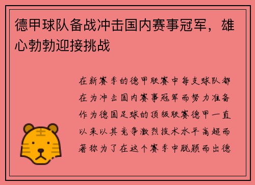 德甲球队备战冲击国内赛事冠军，雄心勃勃迎接挑战