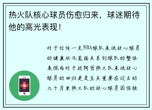 热火队核心球员伤愈归来，球迷期待他的高光表现！