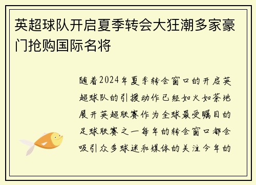 英超球队开启夏季转会大狂潮多家豪门抢购国际名将