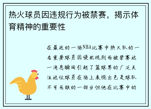 热火球员因违规行为被禁赛，揭示体育精神的重要性